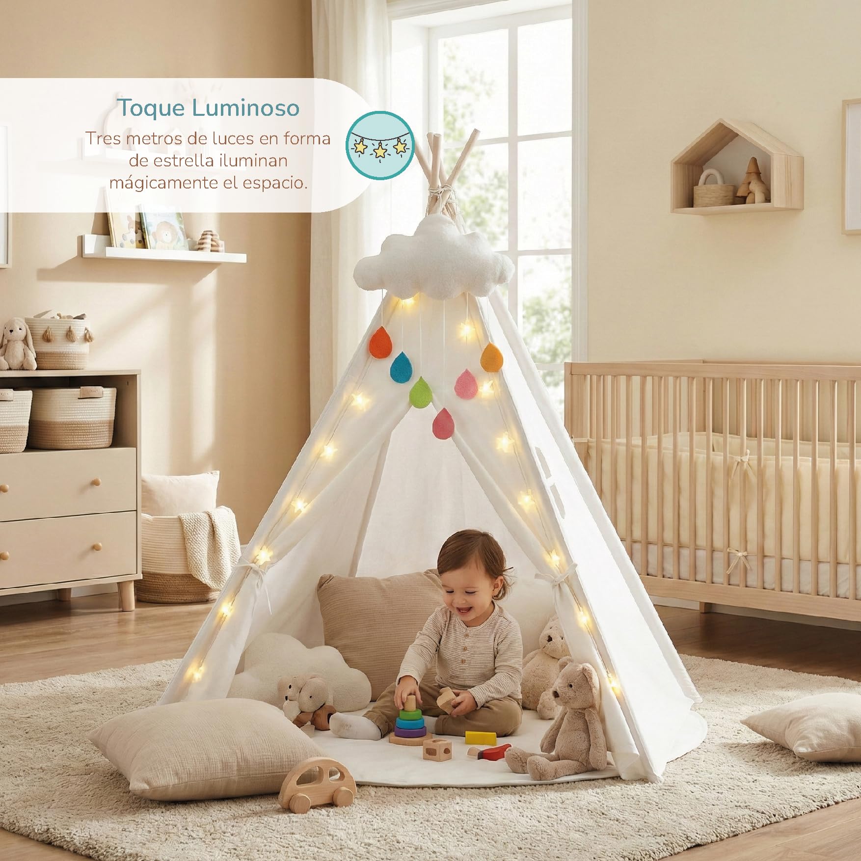 Buddy Baby Tipi - Tenda per lettino con luci a stella e peluche nuvola – Tappeto imbottito – Gioco interno esterno