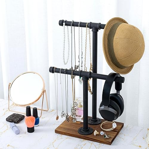 Miniatura 3 de MyGift Soporte de exhibición de joyería industrial ajustable de 2 niveles, tubo de metal rústico y base de madera marrón para collares, pulseras,
