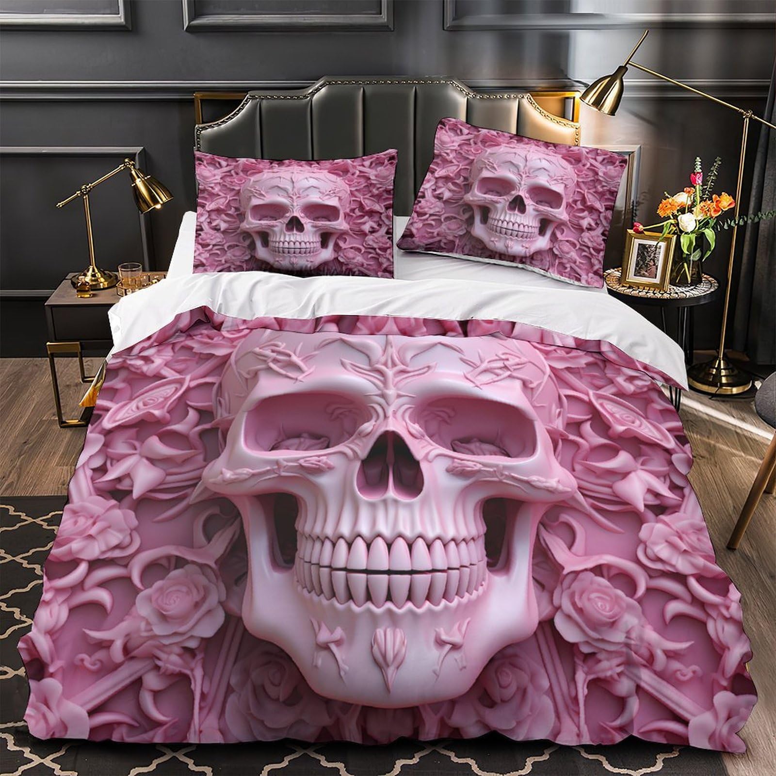 Housse de couette crâne rose grand lit pour chambre d'amis et suite parentale
