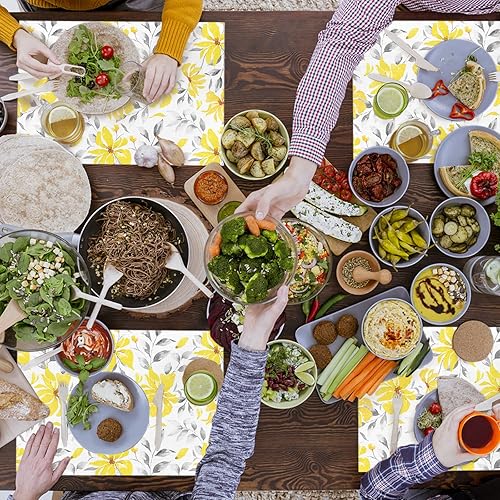 Miniatura 5 de Juego de 4 manteles individuales florales, manteles individuales de PVC lavables, manteles individuales de vinilo tejido con flores amarillas