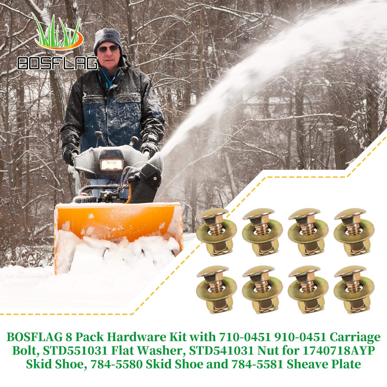 BOSFLAG 8 Pack 710-0451 Carriage Bolt with 736-0242 Washer 912-3010 Hex Nut Replaces Ryobi/mtd 710-0451, 910-0451 for MTD Cub Cadet 784-5580, 784-5581A Scraper Bar and Murray 1740718AYP Skid Shoe