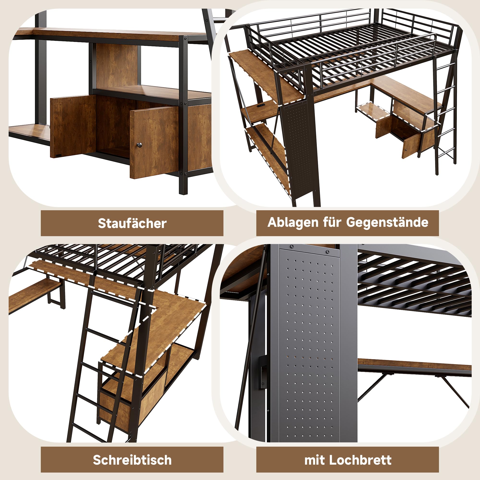 Cama alta de hierro 140 x 200 con LED, USB, escritorio, almacenamiento, estantes, panel perforado, negra