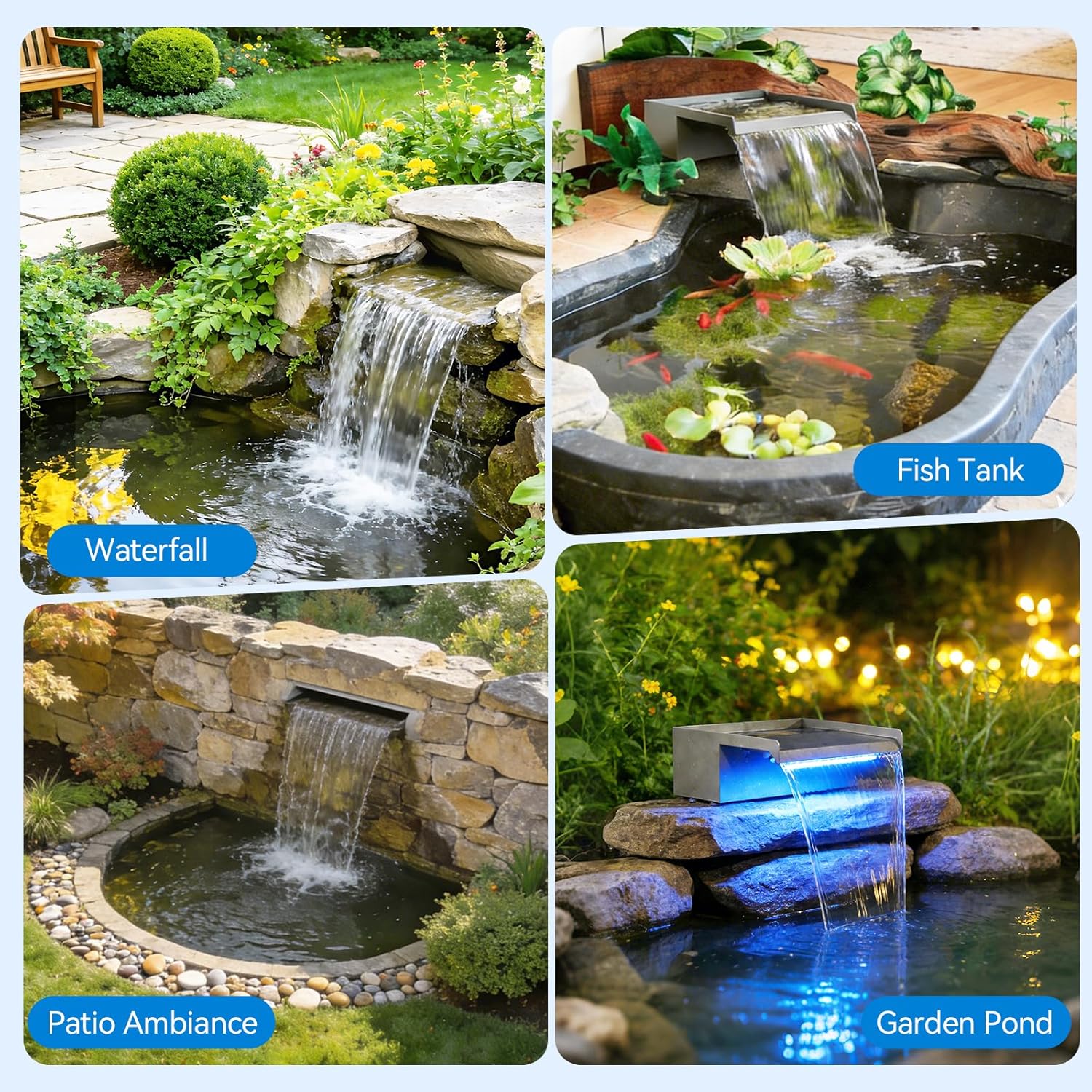 POPOSOAP 12INCH Pond Waterfall Spillway with Multi-Stage Pond Filter & RGB LED Lights APP/Remote Control, 40W 660GPH Pump with 9.8FT Tubing for Garden Ponds, Aquariums, Outdoor Landscapes-P7331D