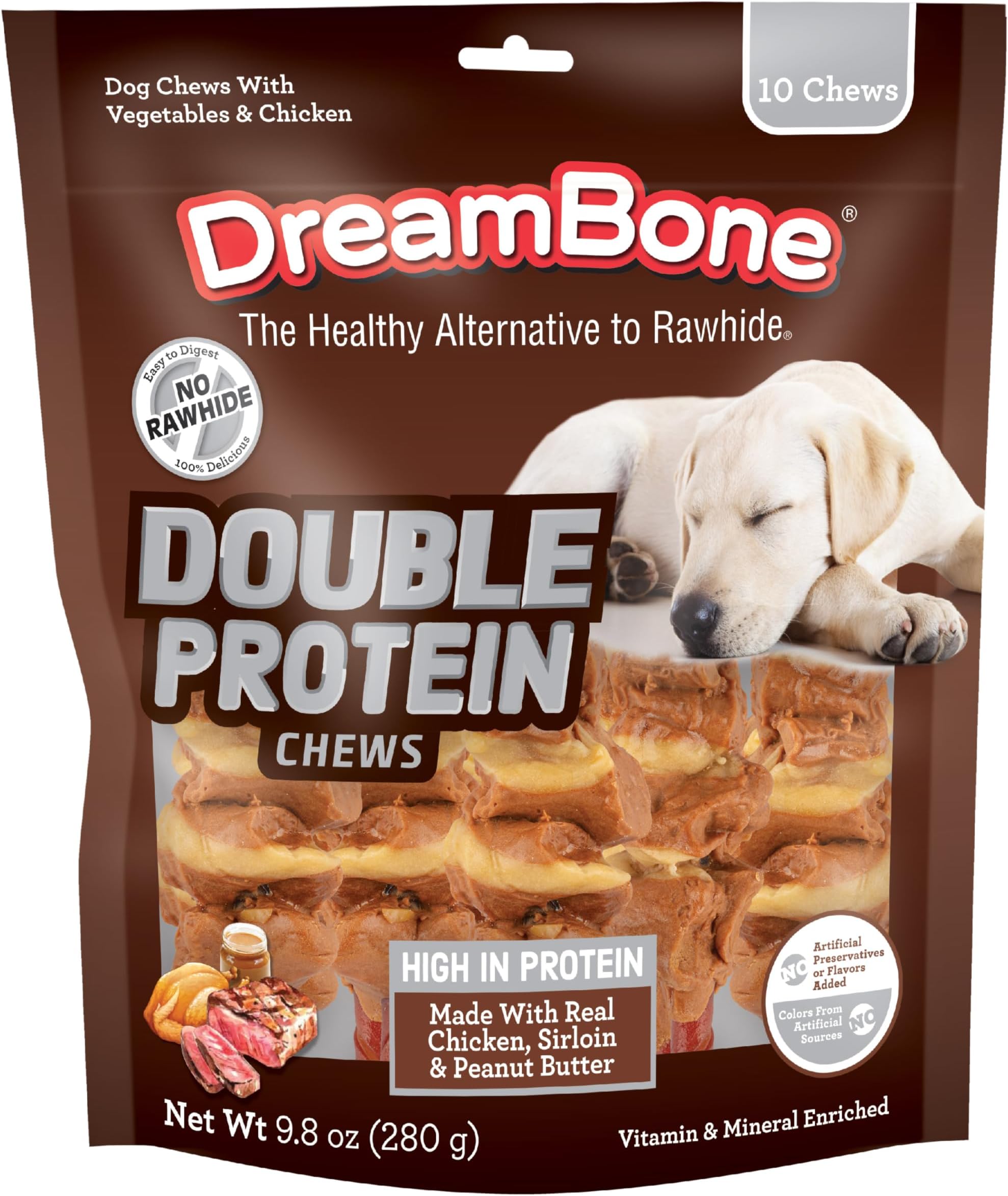 Double Protein Chews Made with Real Chicken, Sirloin and Peanut Butter, 10 Count, Rawhide-Free Chews for Dogs, 9.80 Ounce (Pack of 1)
