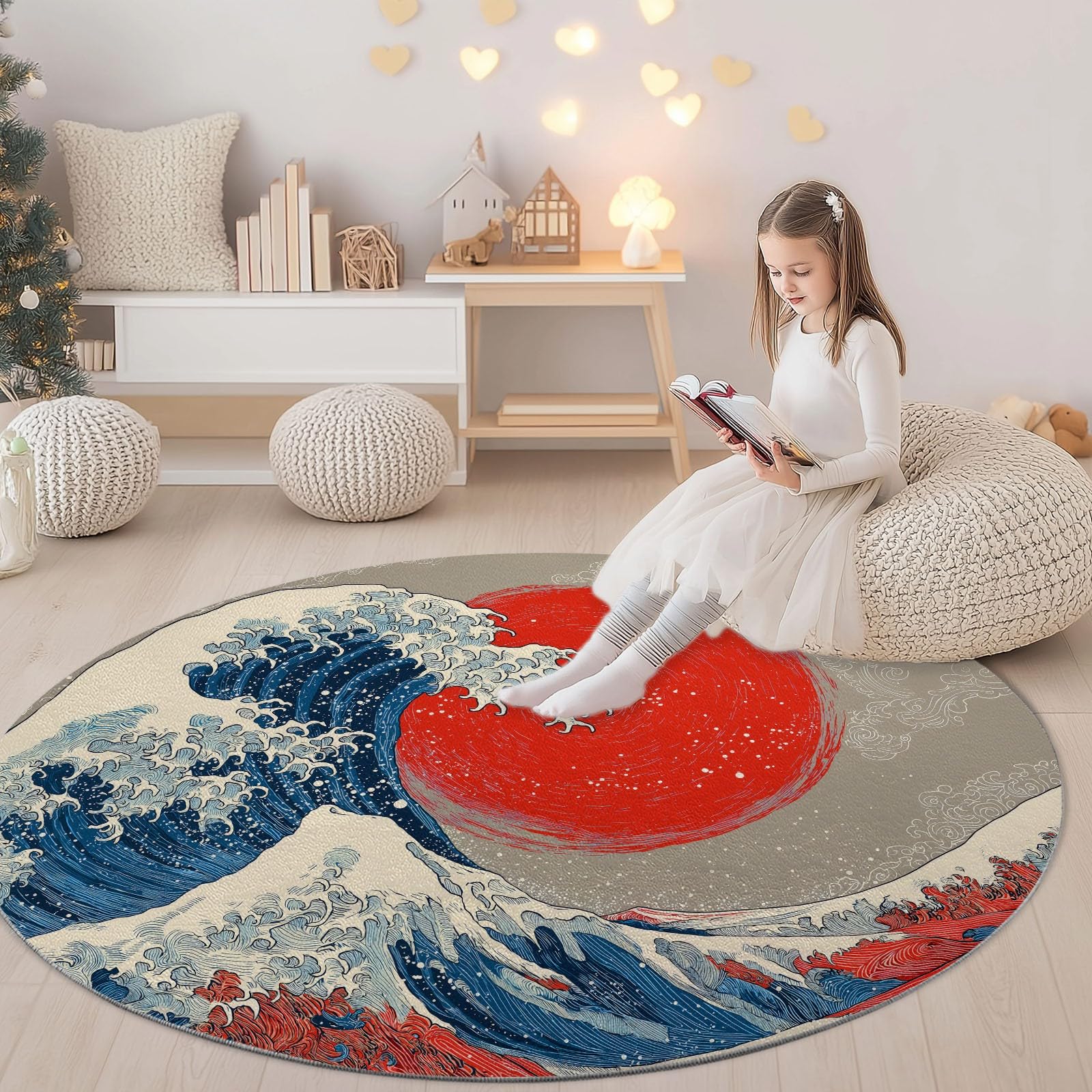 Générique Rond Tapis Japonais pour Salon, Salle à Manger, Chambre à Coucher, Tapis Rond à Poil Court Océan Vagues Soleil Antidérapant Fluffy 100 cm