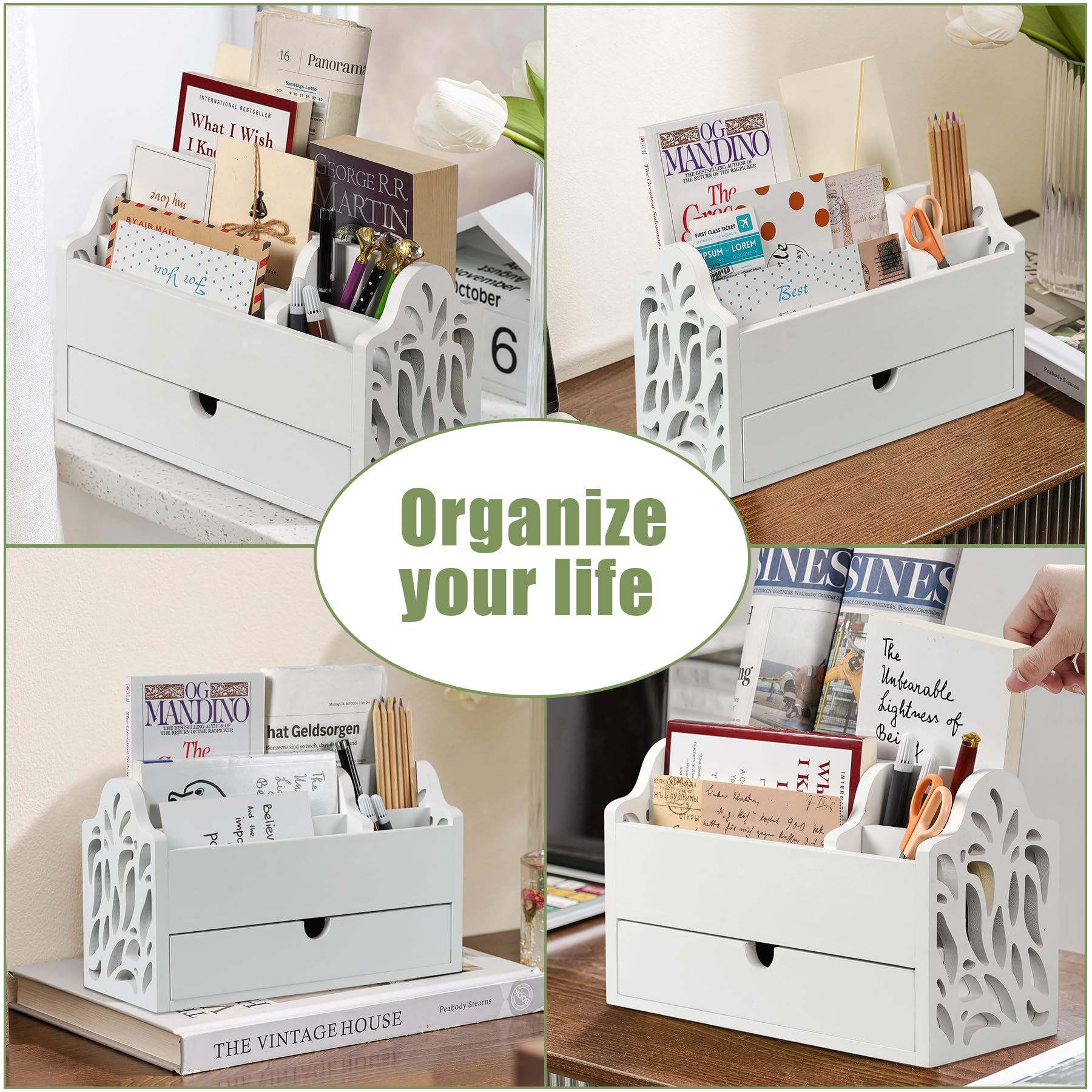 Schreibtisch-Organizer mit Schublade, Holzakte, Büro, Post, Arbeitsplatte, 5 Fächer, Tischaufbewahrung, Stift-Organizer, Briefhalter für Schule, Zuhause, Büro, Zubehör (weiß)