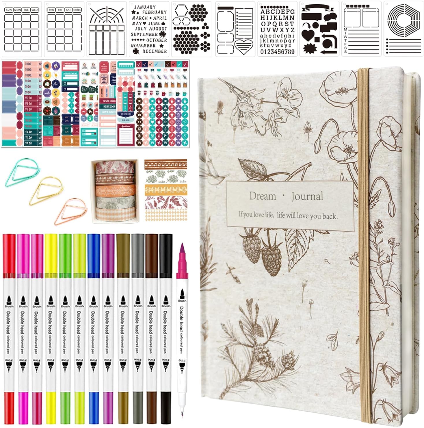 Y&I Bullet Dotted Journal Kit, A5 Hardcover Dotted Journal Notebook with 176 Pages, 120GSM Thick Paper, Stencils Stickers Pens Washi Tapes, Dotted Journaling Kit for Planner Schedule (Vintage Beige)