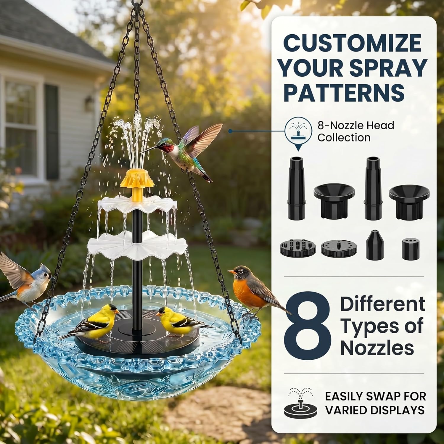 Solar Cascade Hanging Bird Bath Fountain, Solar Fountain Pump with 8 Nozzles, Hanging Bird Bath with Water for Outdoors Garden Patio Backyard Lawn Decor (Blue)