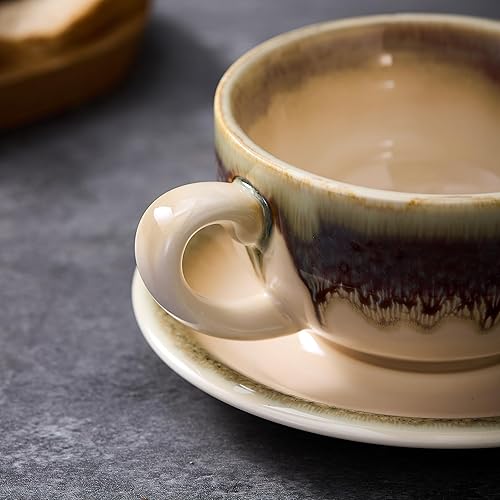 Miniatura 5 de Vintage Design 12 oz Ceramic Latte Art Cappuccino Barista Cup with Saucer (Brown)
