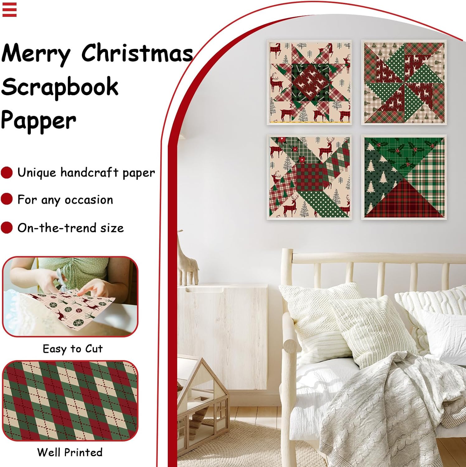 Lonfliness 48PCS Christmas Scrapbook Paper 12x12in Xmas Scrapbook Specialty Papers 24 Styles Retro Merry Christmas Decorative Paper Folded Flat DIY for Card Making Photo Album Journal Craft Decoration