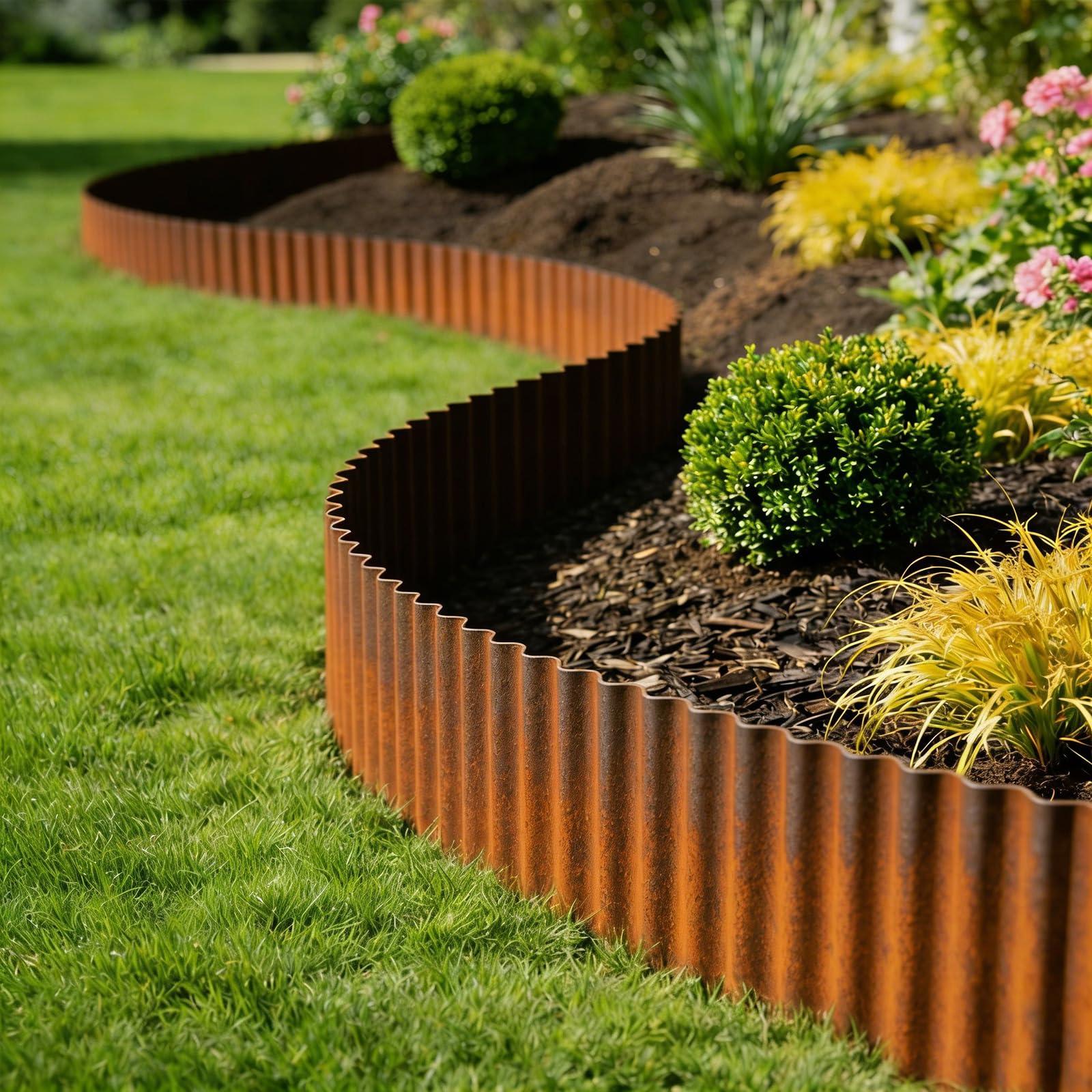 Bordura per Giardino in Acciaio Corten 12m x 15 cm, Bordura per Aiuola in Metallo, Bordo per Prato in Ruggine, 1 Paio di Guanti Incluso, per delimitare aiuole (Forma ondulata, 12M x 15CM)