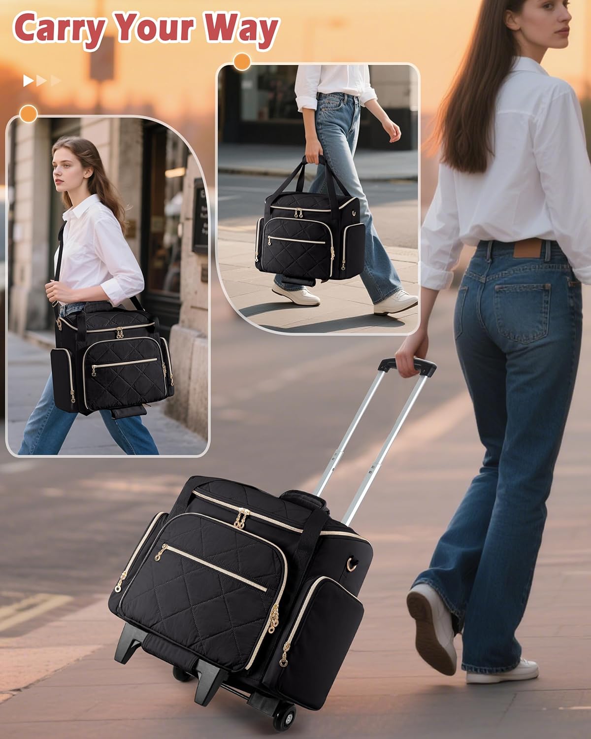 Rolling Teacher Bag with 15.6" Laptop Compartment, Wheeled Work Briefcase Tote with Detachable Trolley for Women, Black - Image 4