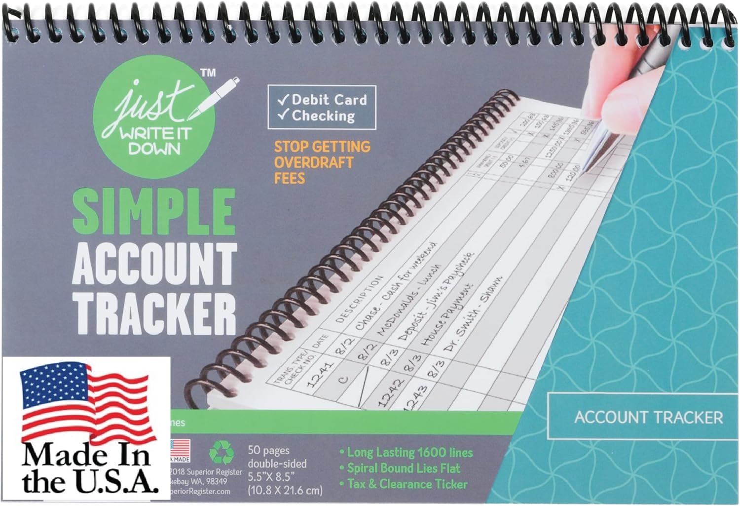 The Superior Check and Debit Card Register W I D E Edition - Teal : Office Products