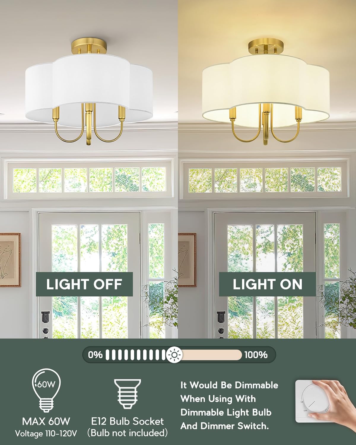 Gold Semi Flush Mount Ceiling Light, 18" 4-Light Light Fixtures Ceiling Mount with Fabric Shade in Quatrefoil for Kitchen Nursery Entryway Hallway Bedroom, SM179-BG-L