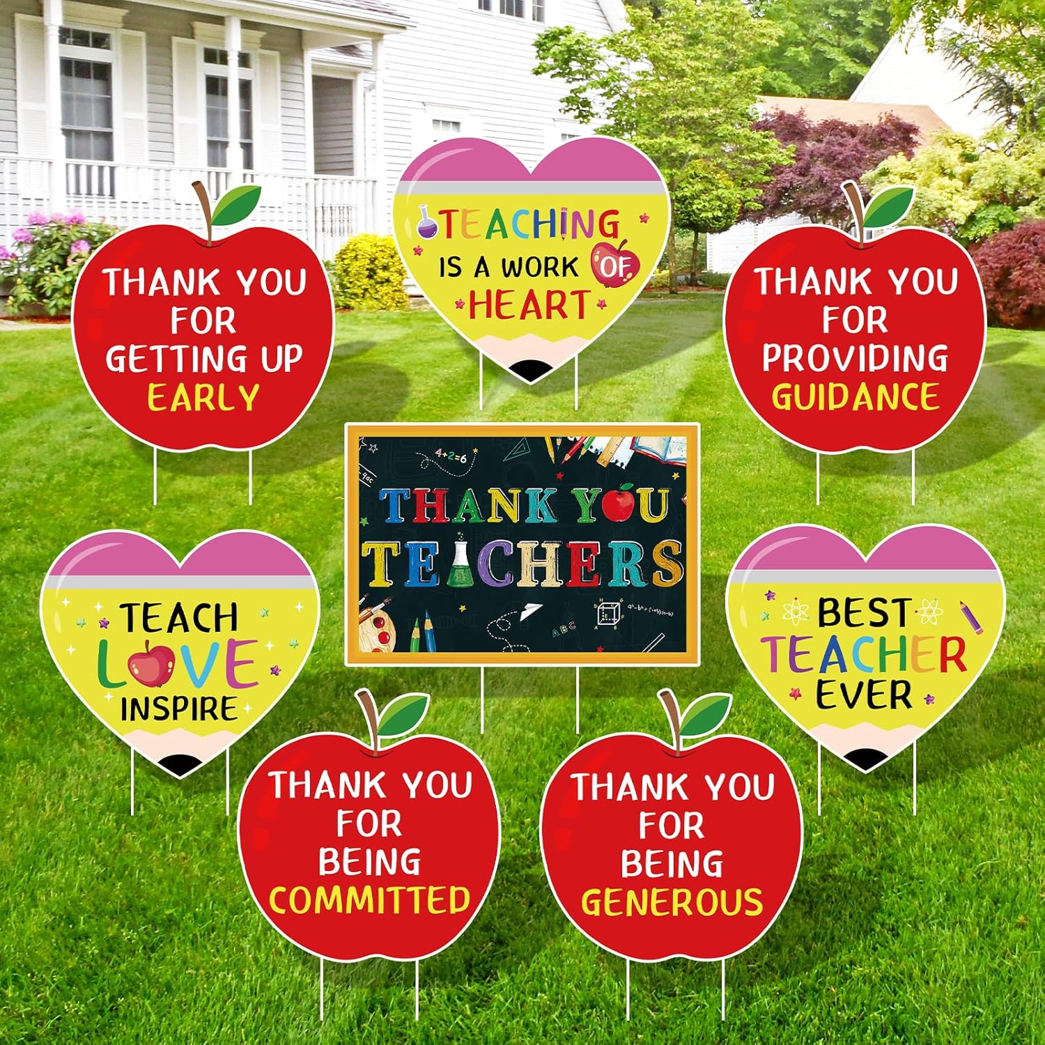 Teacher Appreciation Decorations Yard Signs 8 Pcs with Stakes Thank You Teachers Party Supplies Apples Hearts Blackcoard Decor for Indoor Outdoor School Lawn, Yard, Garden, Home Decorations