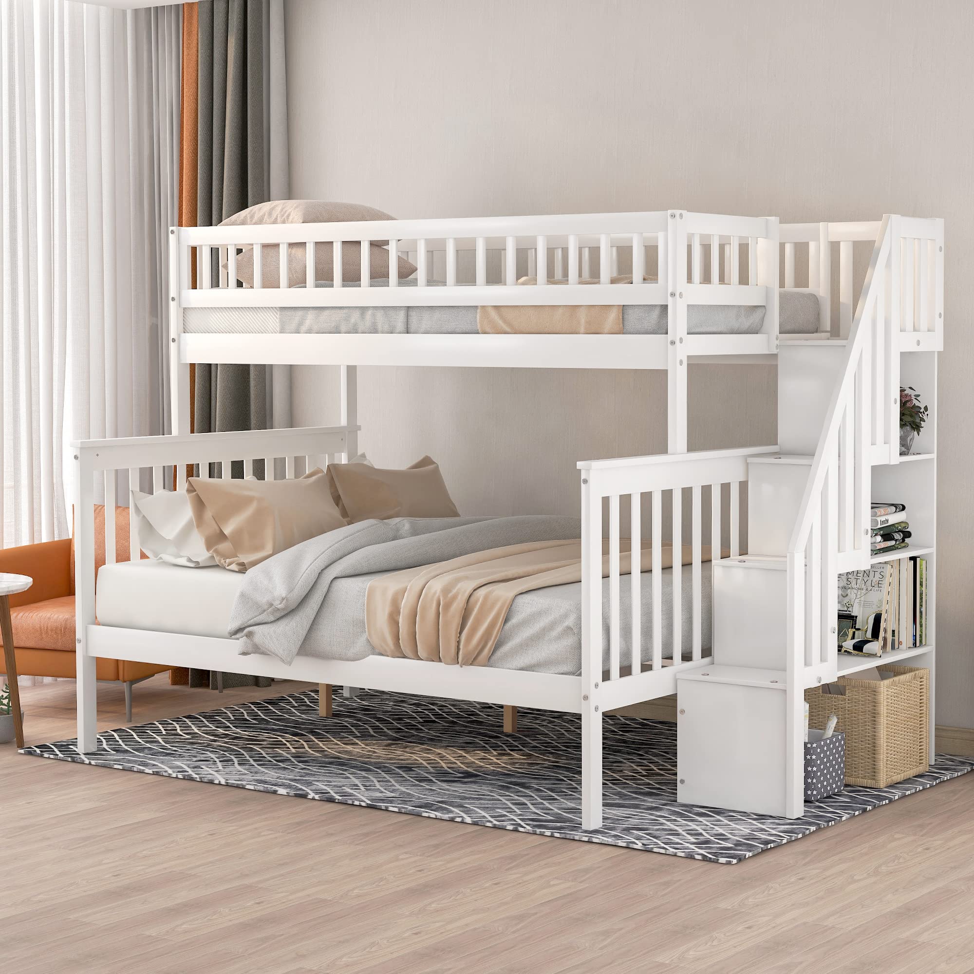 Polibi Twin Over Full Stairway Bunk Bed, Solid Wood Bunk Bed with Storage Shelves? No Spring Box Needed, White