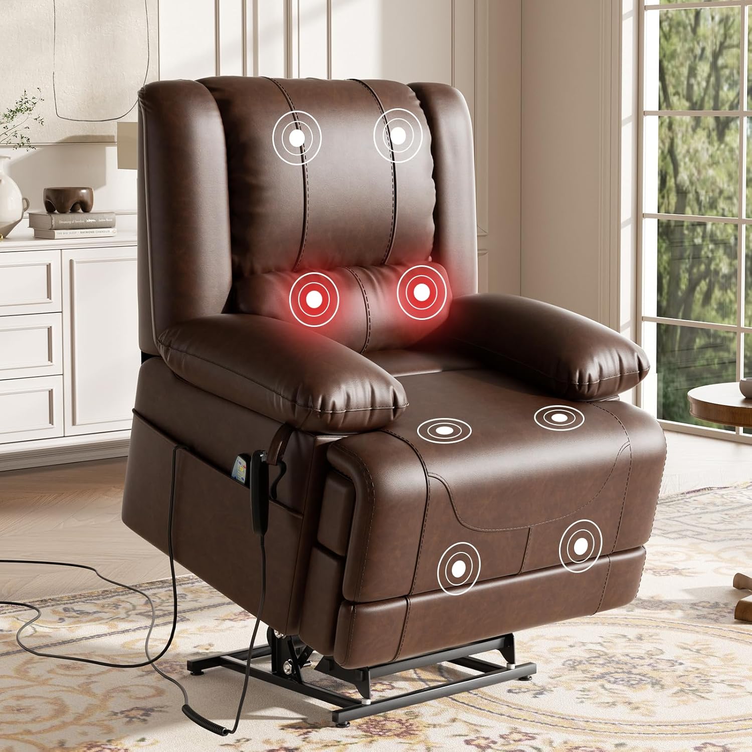 Infinite Position Dual Motor Power Lift Recliner Chair,with Massage and Heating,Fluffy Armchair with High Density Foam Cushion with USB Port and Remote Controls(Faux Leather,Light Brown)