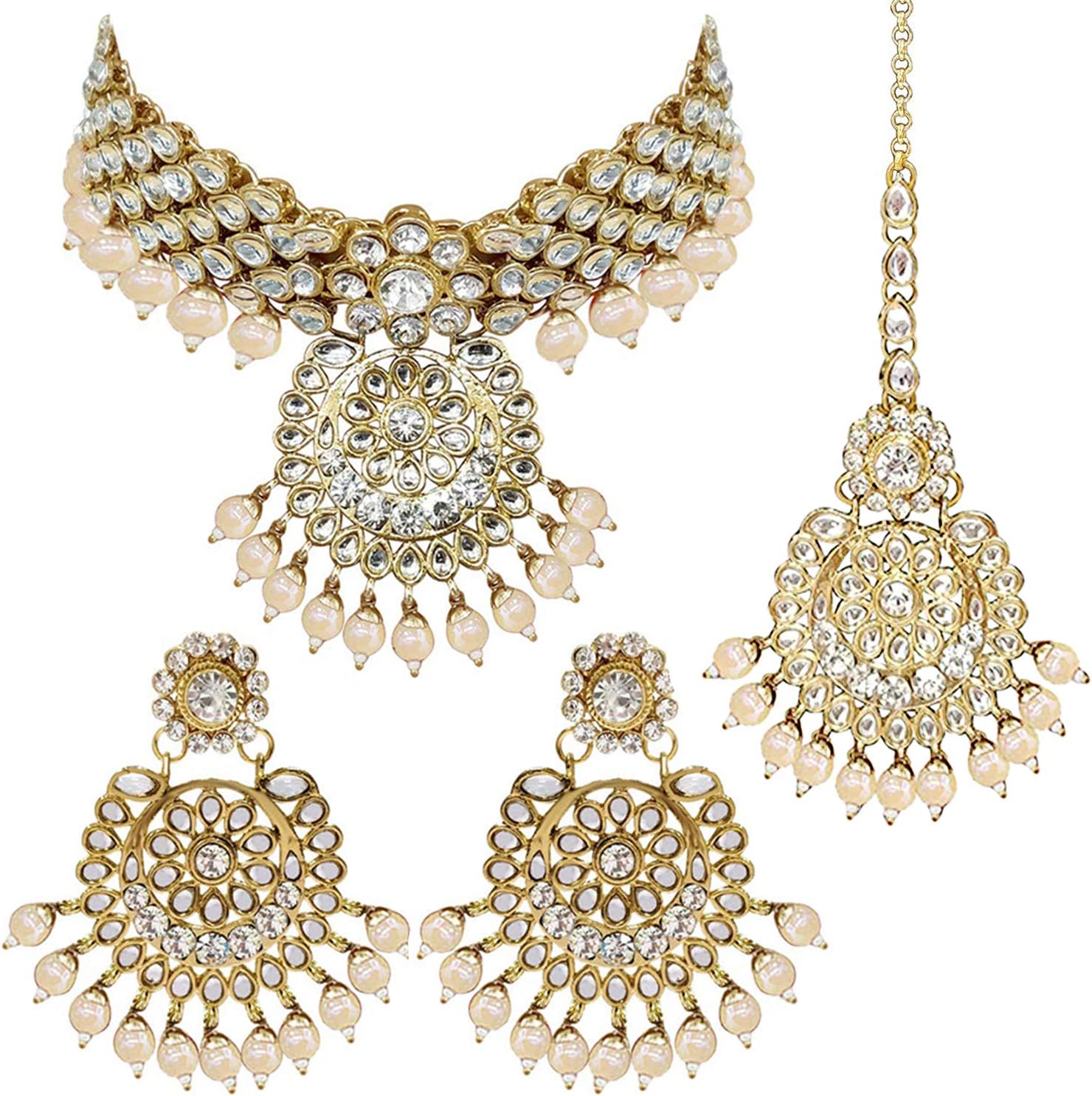 AheliElegant Wedding Party Wear Faux Kundan Studded Short Necklace Earrings with Maang Tikka Set Indian Ethnic Bollywood Fashion Jewelry for Women