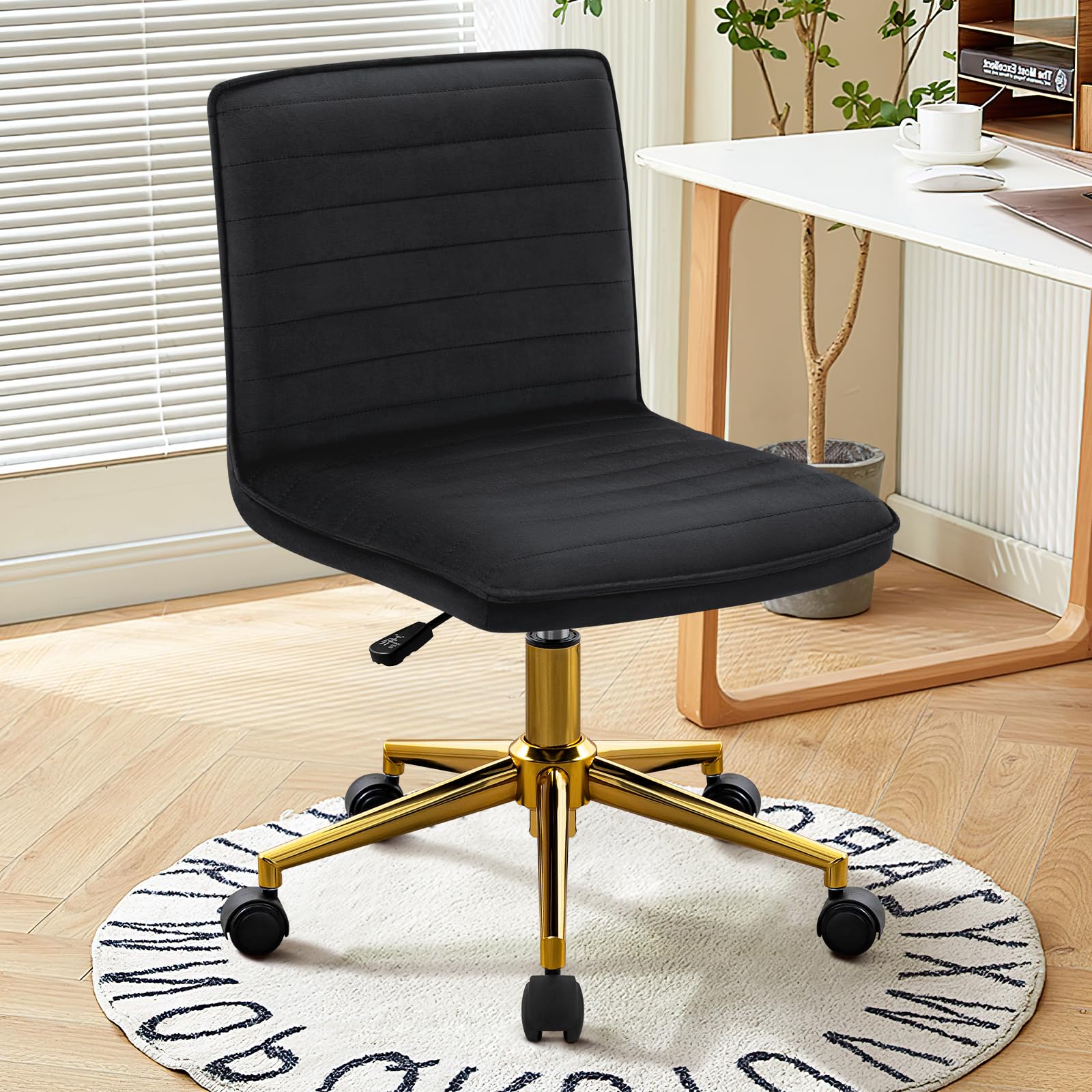 WangPangzi Sedia da ufficio senza braccioli, imbottita in velluto, regolabile in altezza, ergonomica, girevole (Blu