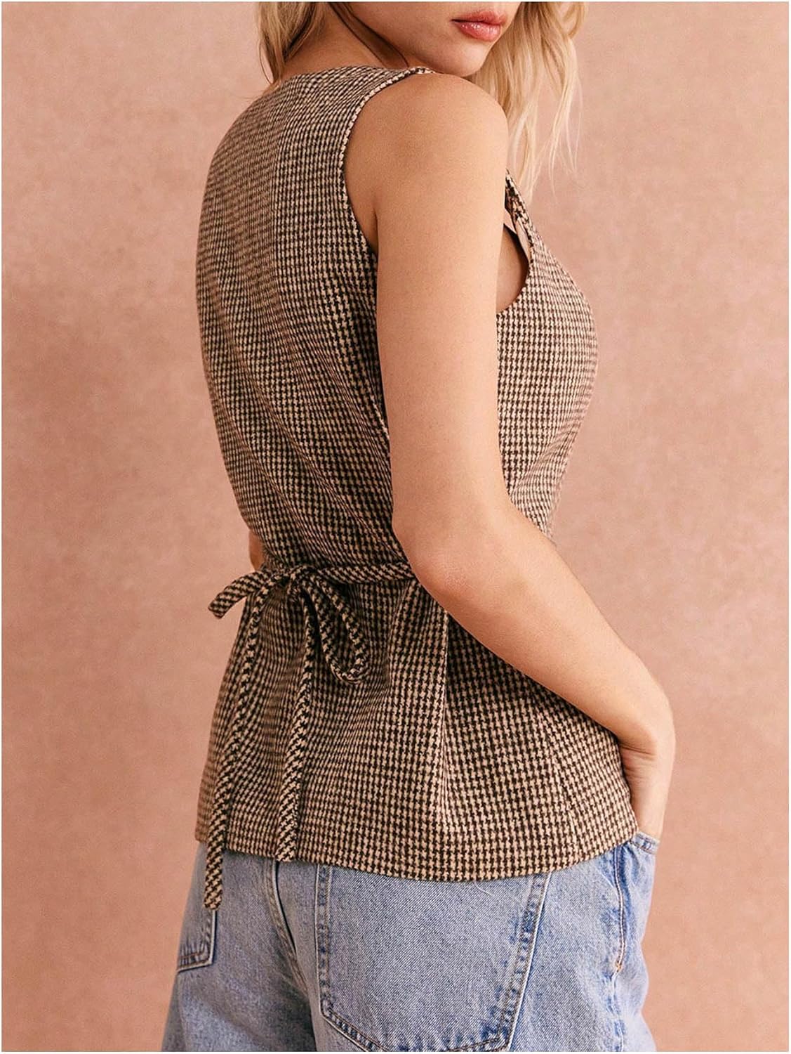 GORGLITTER Women's Tweed Blazer Vest Tops Sleeveless Square Neck Business Casual Cardigan Vests Western Cowgirl Outfits - Image 3