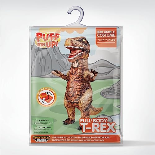 Miniatura 6 de Spooktacular Creations Disfraz inflable para niños, disfraz realista de T-rex de cuerpo completo, disfraces de dinosaurio marrón, divertido traje