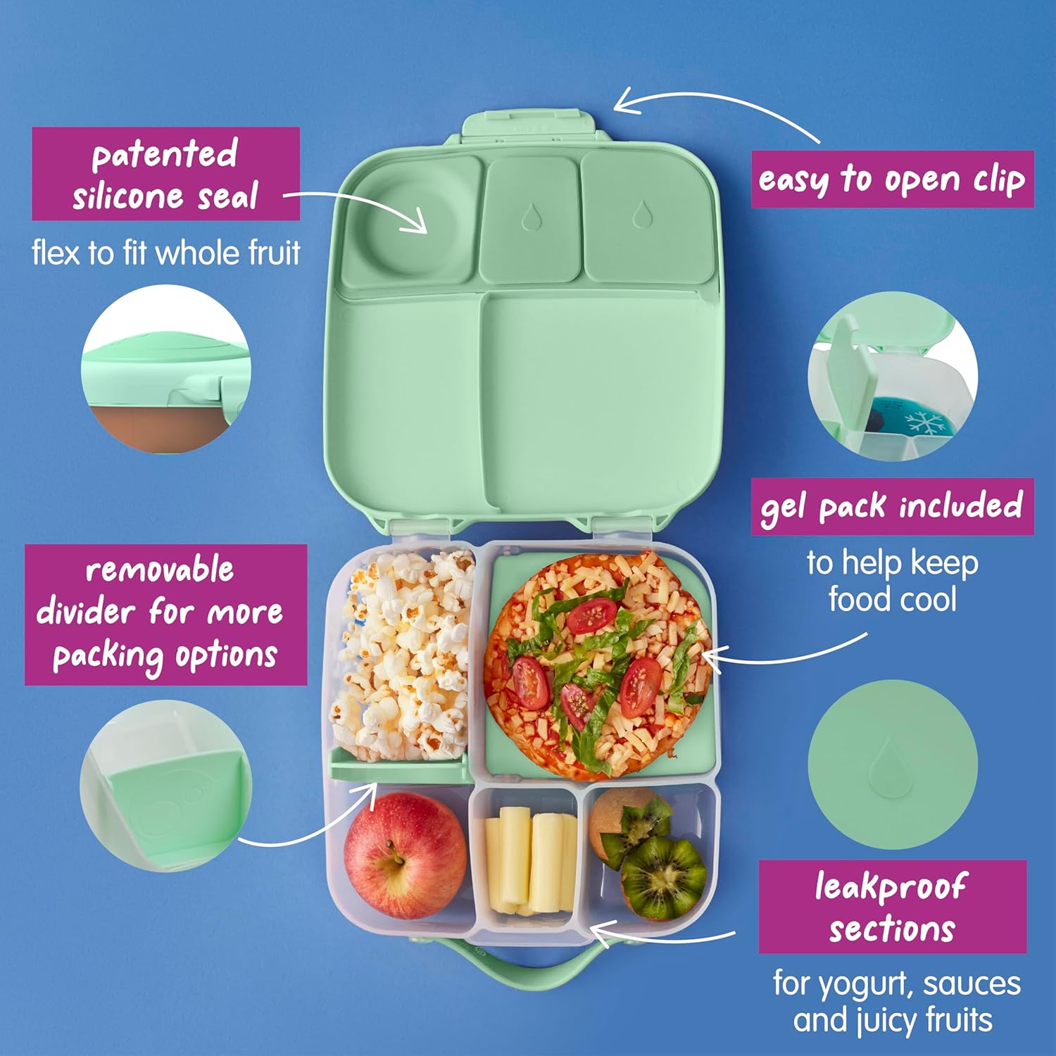 b.box Lunch Box for Big Eaters All Ages - 8.5 Cup Leak Proof Bento Box with 4 Compartments, School Lunch Container with Ice Pack, Dishwasher Safe, BPA-Free, PFAS-Free - Spearmint