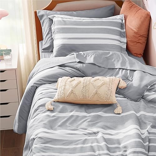 Miniatura 2 de Bedsure Bed in a Bag - Juego de edredón de 5 piezas, con edredón, sábanas, funda de almohada y funda de cojín, a rayas, gris y blanco, individual