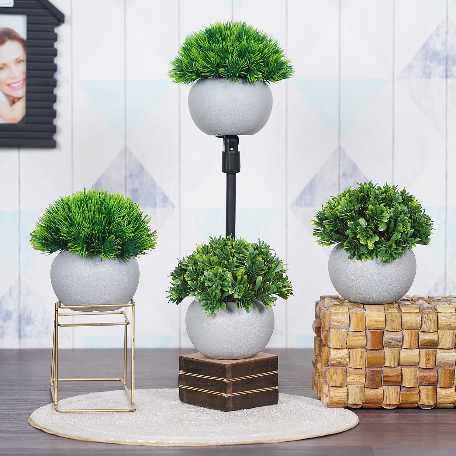 Dekorly® Artificial Potted Plants Bathroom Fake Plant Office Table Decor Mini Green Faux Topiary Kitchen Cabinet Farmhouse Decorations | Pack of 4
