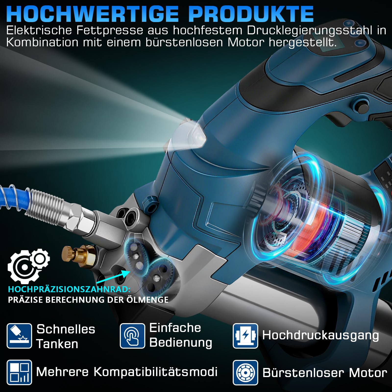 Pressa per grasso a batteria, compatibile con batteria Makita da 18 V, pressa elettrica con funzione dosatrice incl. tubo ad alta pressione da 100 cm, 3 bocchini, motore senza spazzole e lampada a LED