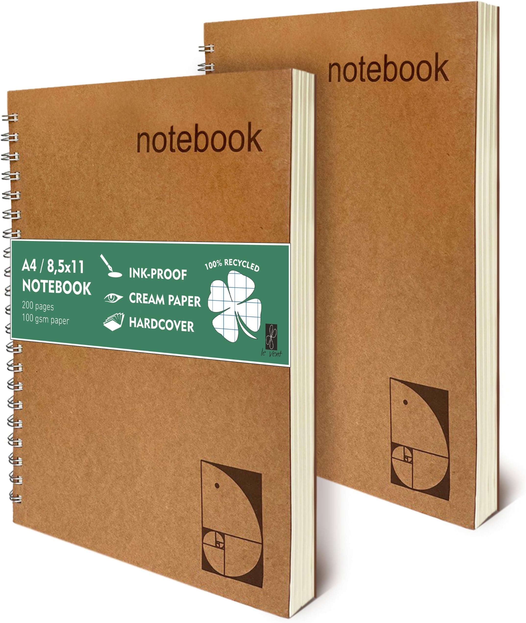 le vent 2 pack Grid Paper Large Spiral Notebook 8.5 x 11 with 100gsm Thick Paper - Square Graph Quad Ruled Notebooks for Math, Science, Engineering - 200 Pages of Lay Flat, Ink Proof Paper - A4
