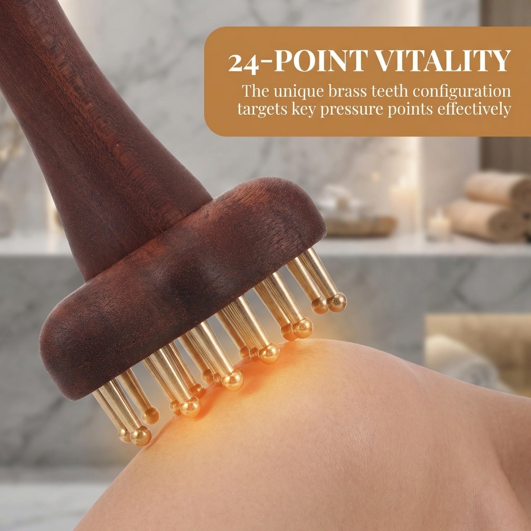 Kisangel Peine masajeador ergonómico de madera y latón con 24 dientes para cuidado corporal y capilar, ideal para spa en casa, pack de 2 unidades