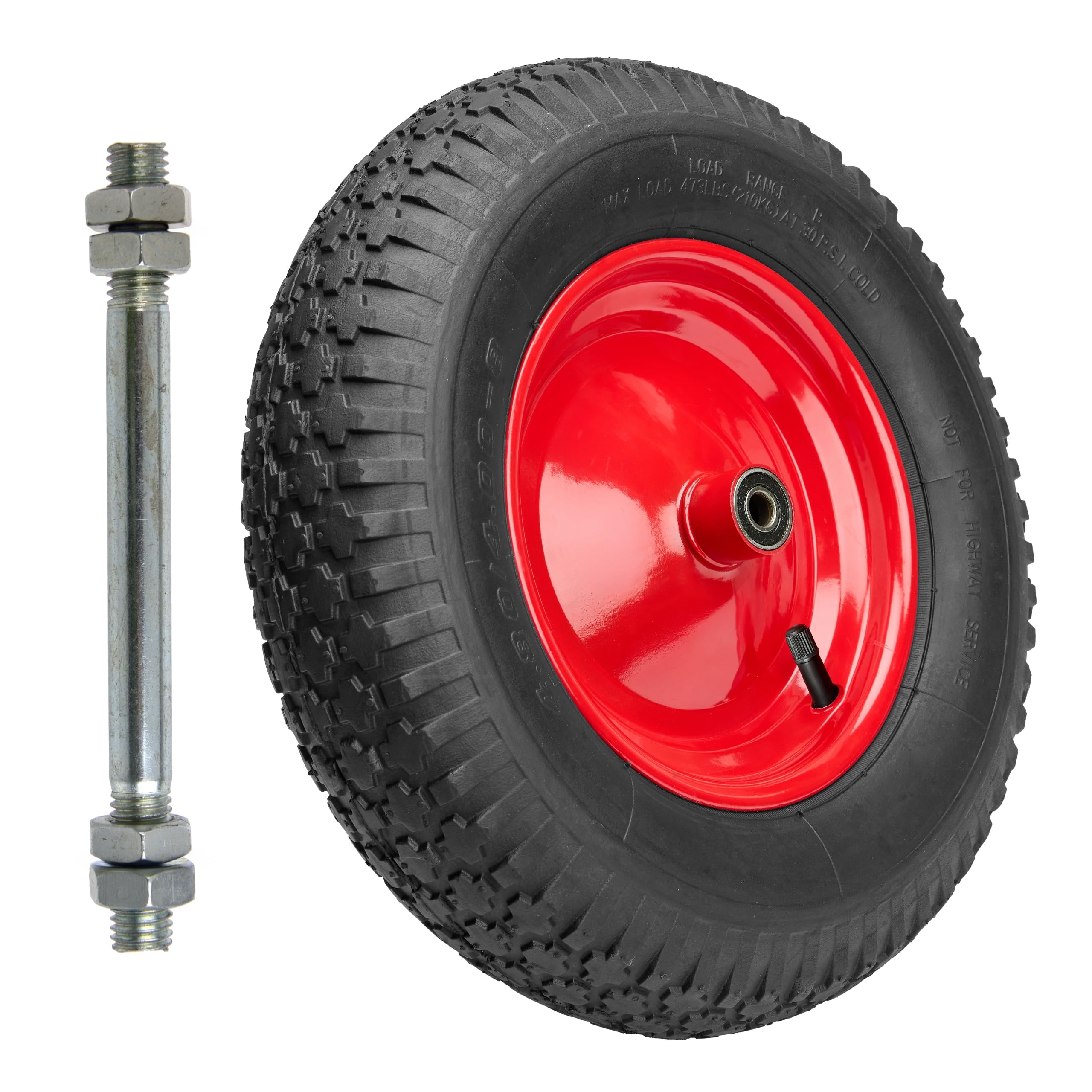 Garronda Ersatzrad Schubkarre 4.80/4.00-8 Schubkarrenrad Ø 390 mm Luftreifen 2PR Reifen bis 210 kg mit Achse Stahlfelge Kugellager für Gartenwagen Hof Baustelle GD-0163, Schwarz-Rot