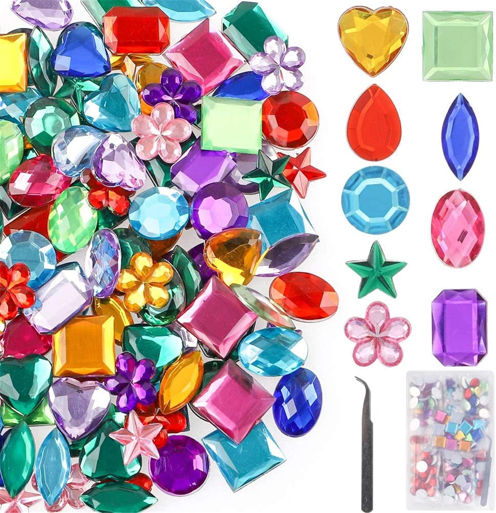 YIQIHAI 270pcs Larger Gems Acrylic Craft Jewels Flatback Rhinestones Gemstone Embellishments for Arts and Crafts Jewels, 9 Shapes, 13 to 20mm with Tweezers and Storage Box