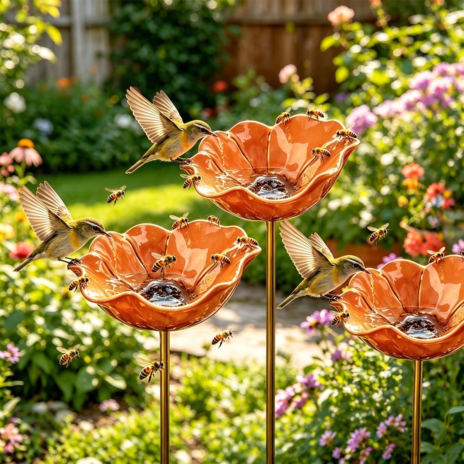Handmade Metal Flower Garden Stake Bird Bath, Butterfly Bee Water Feeder with Flower Design, Decorative Garden Flowers Bird Bath for Yard, Lawn & Patio Decor (3pcs-Orange)