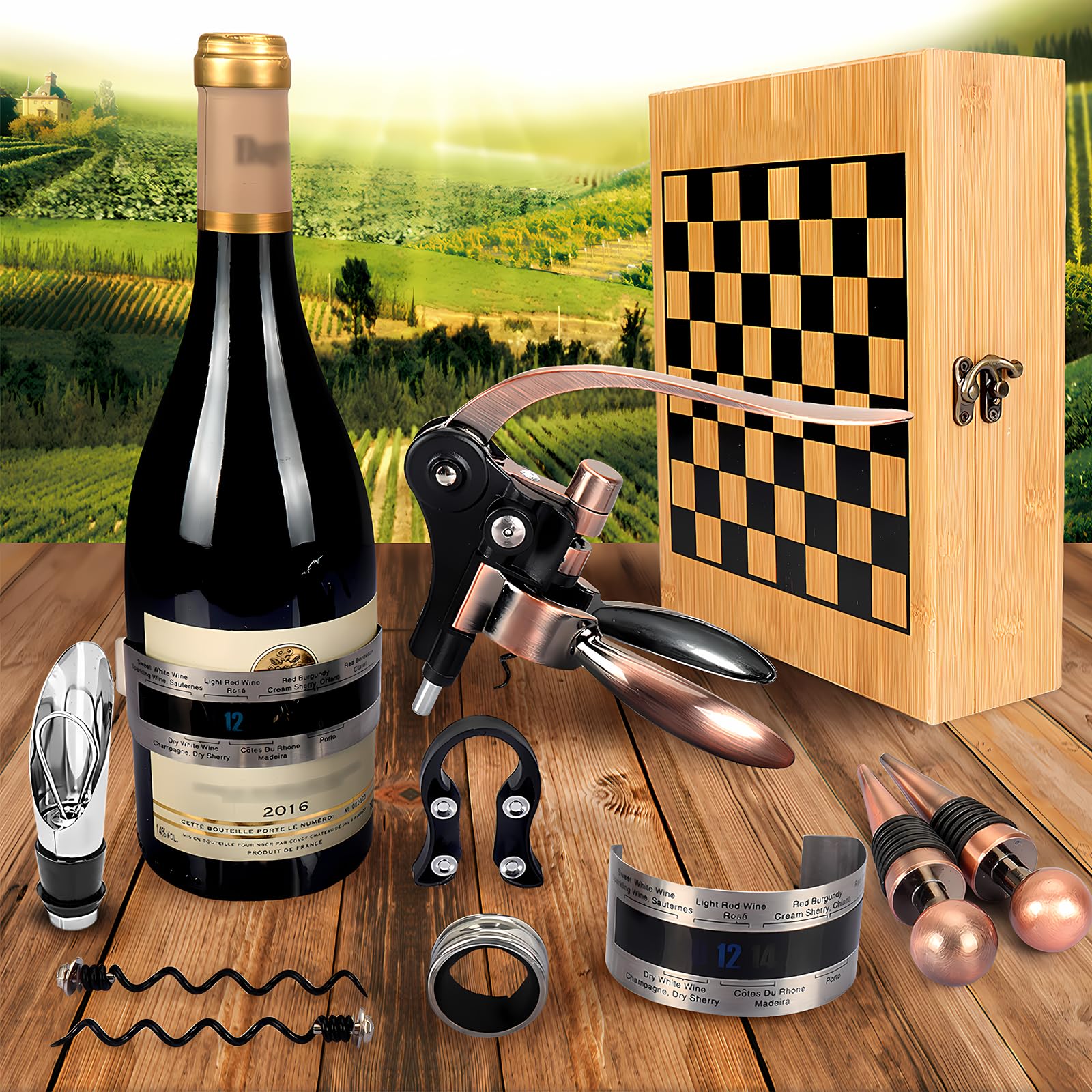 Set di cavatappi da Vino con Scatola in Legno Antico, Set da Sommelier con cavatappi, Set di Accessori da Vino, Set di cavatappi con Testa di Coniglio, Anelli salvagoccia (BambooWood)