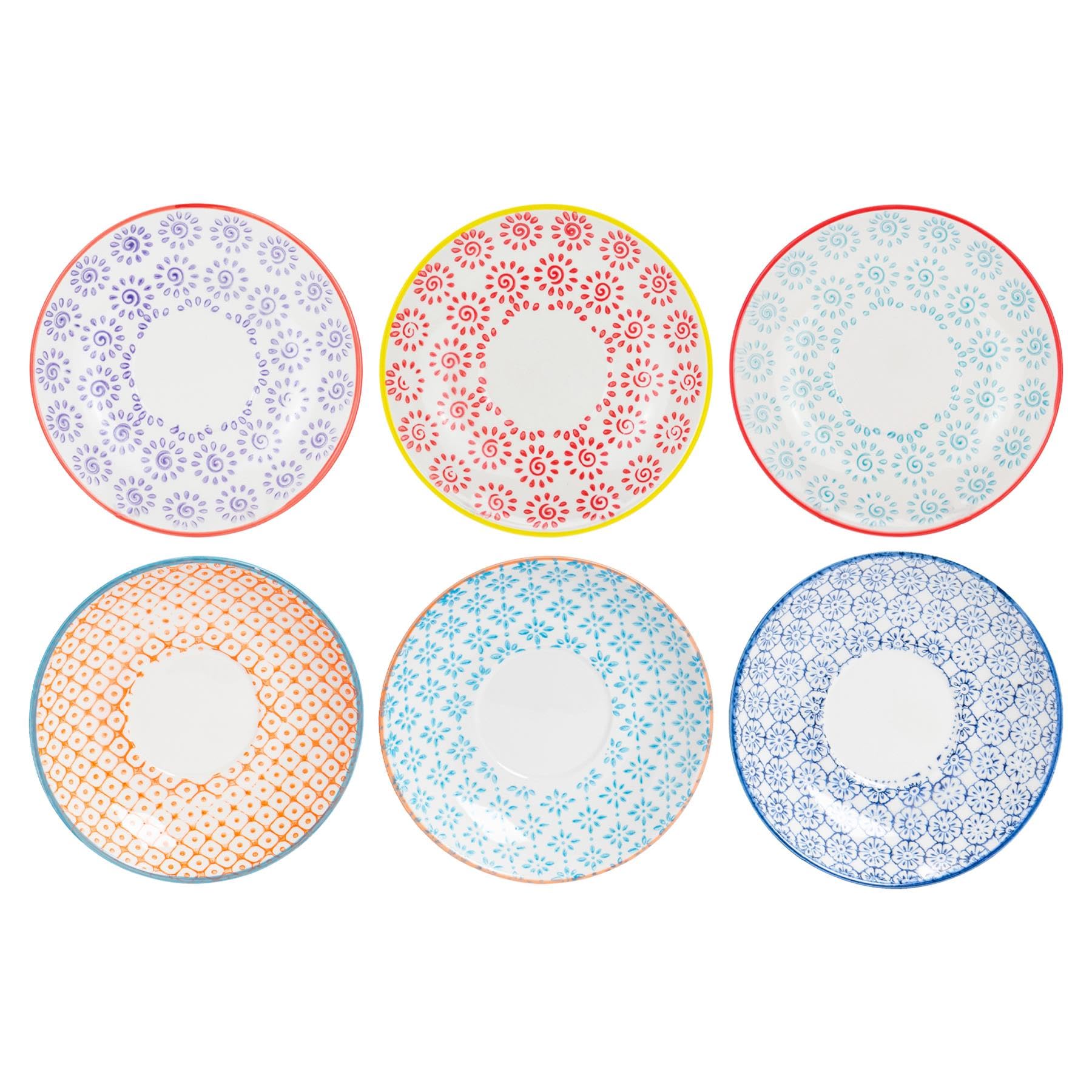 Nicola Spring Hand-Printed Cappuccino Saucers - 14.5cm - Multi - Pack of 6 - Stoneware Tea Dish Espresso Coffee Cup Plate
