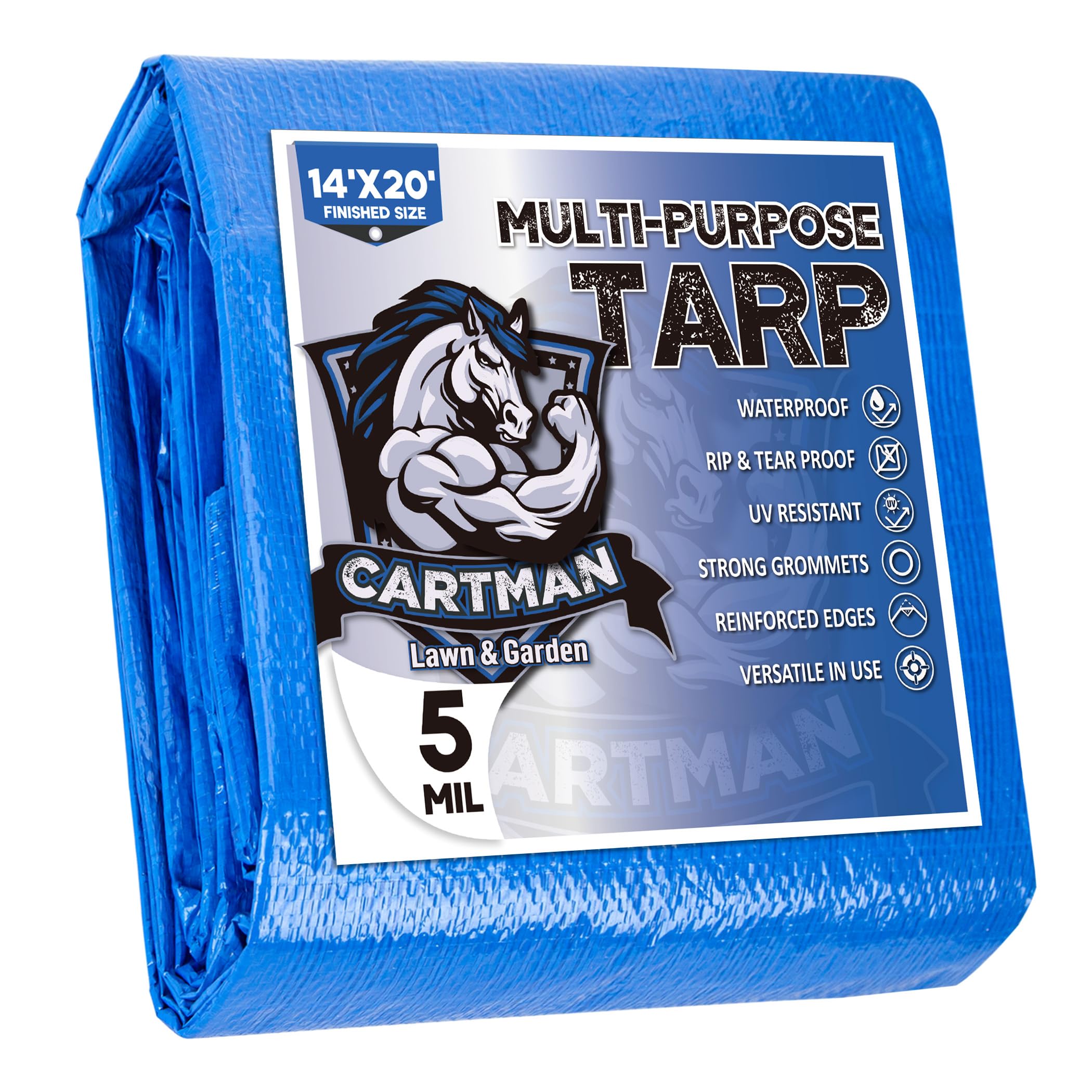 CARTMAN Finished Size 14x20 Feet Blue Poly Tarp 5 Mil Thick, Multipurpose Protective Cover for Camping, Tent, Boat, RV, CarGlobal Recycled StandardGlobal Recycled StandardGlobal Recycled Standard