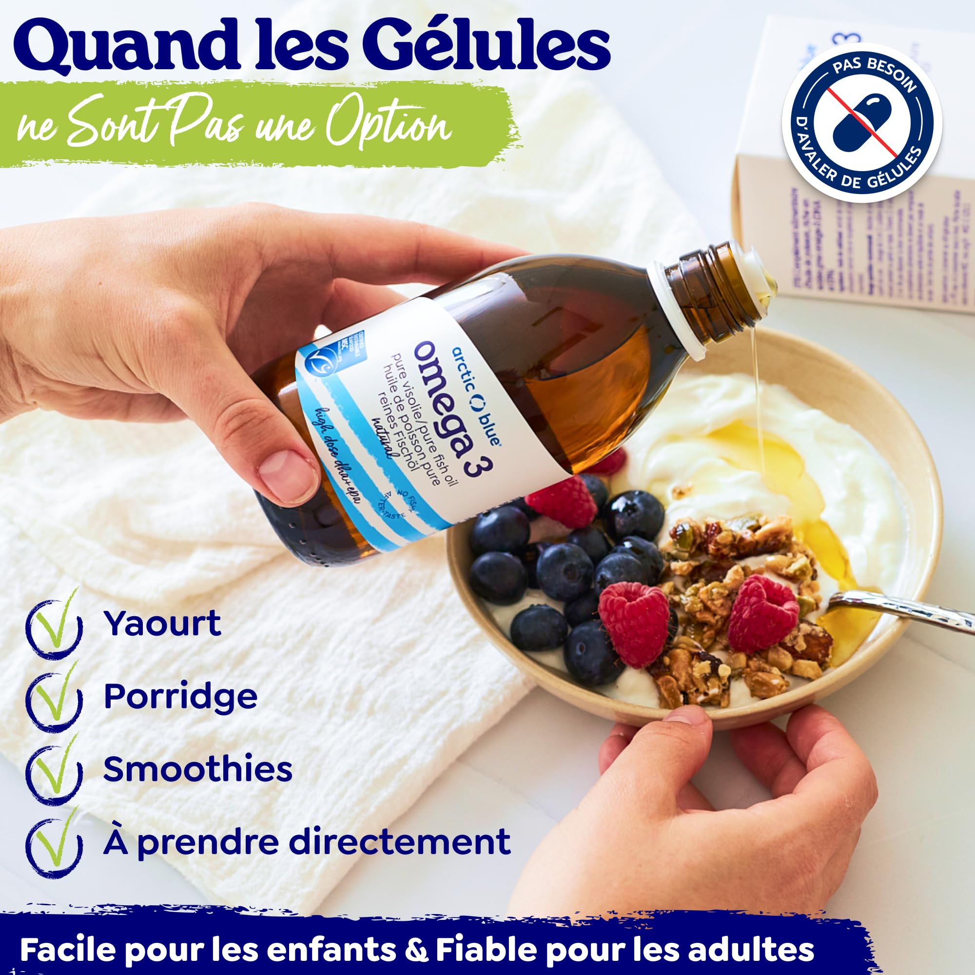 Arctic Blue Oméga-3 Huile de Poisson Liquide 250 ml — 450 mg de DHA + 380 mg d’EPA + 10 µg de Vitamine D3 par 5 ml — Huile de Morue Arctique MSC, Saveur Orange Douce, Pureté Maximale