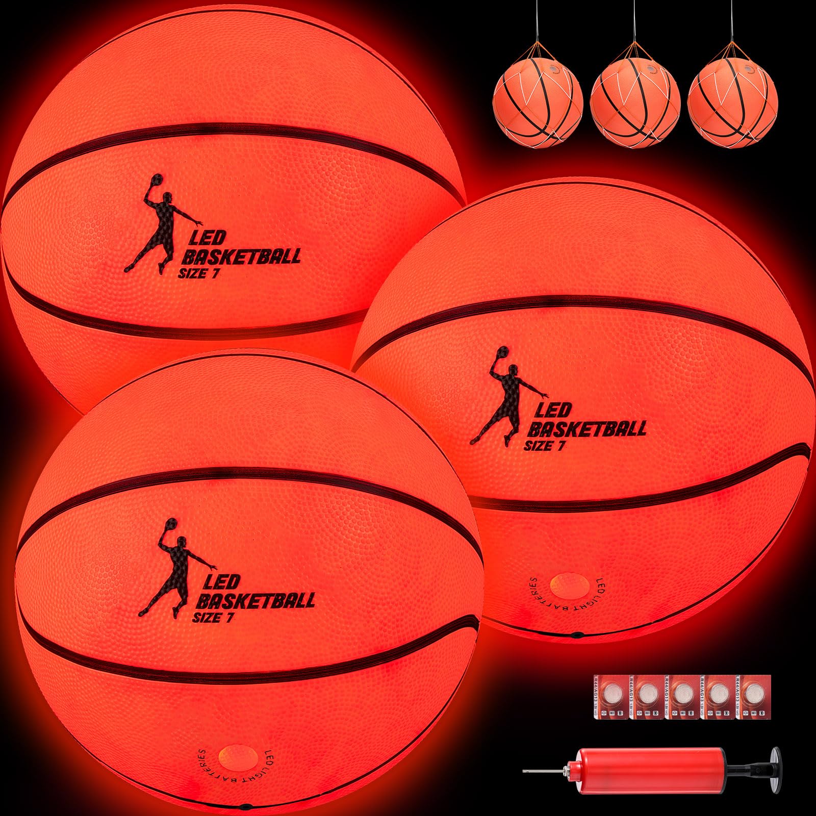 Poen 3 Pcs Glow in The Dark Basketball Official Size 5 Light up Basketball Gift with 5 Extra Batteries, Pump, Net Pockets Glowing Basketball Light up Glow Toys for Teens Outdoor Night Activity