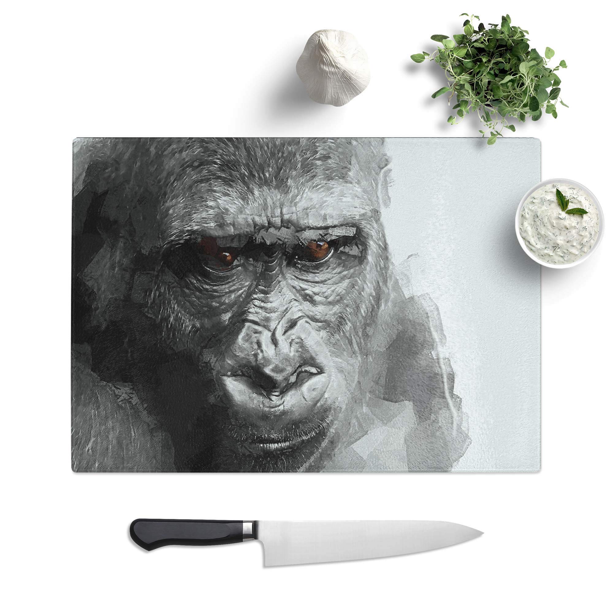 Glass Chopping Board - Gorilla with Brown Eyes in Abstract - Textured Worktop Saver Cutting Board - Heat Resistant, Shatterproof and Hygenic - 28.5 x 20 cm