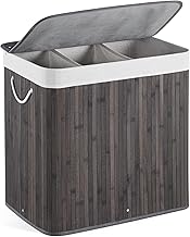 Mondeer Wäschekorb mit Deckel, Wäschesammler aus Bambus, 3 Fächern, 150L, Wäschebox mit abnehmbarem Deckel, mit waschbarem Futter, für Waschküche, Schlafzimmer, 61.5 x 40 x 60 cm, Lichtgroen