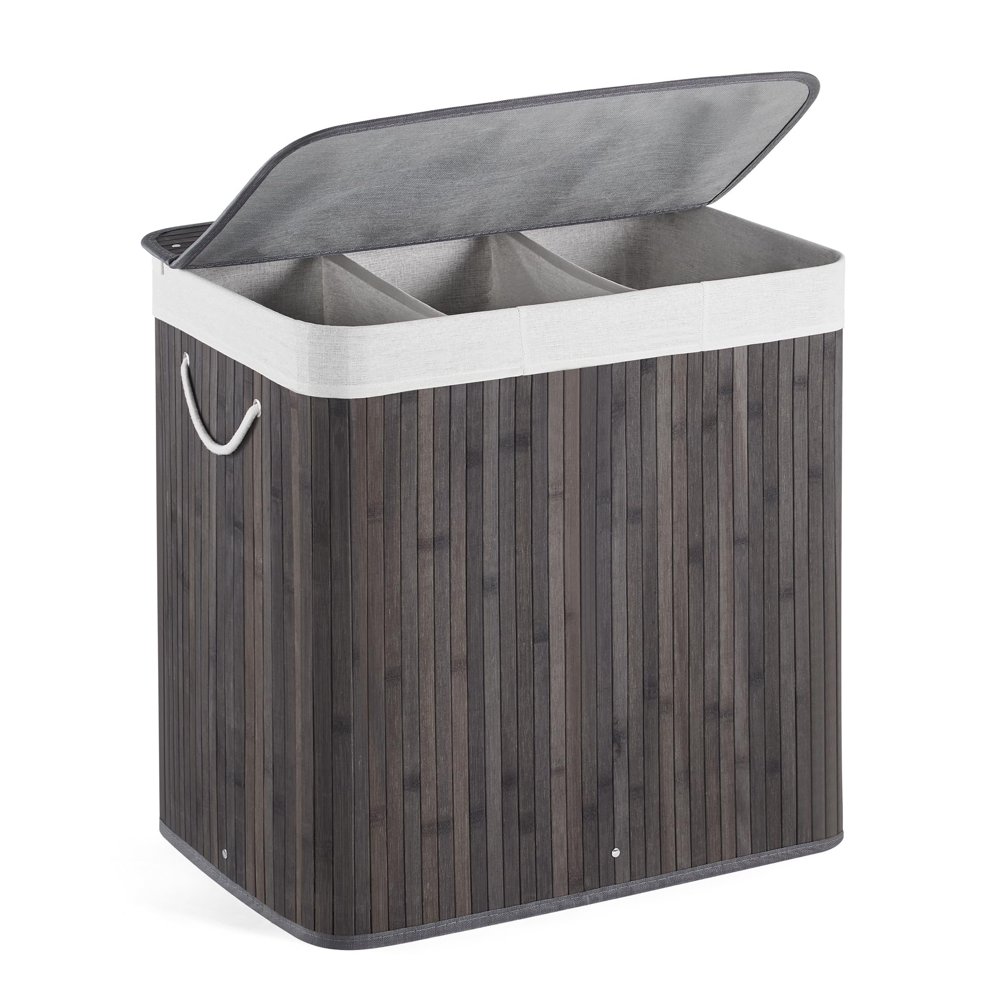 MondeerBamboo Laundry Basket Foldable with 3 Sections Storage Hamper with Removable Washable Lining Washing Hamper Bin, 150L, 61.5 x 40 x 60 cm, Light Grey