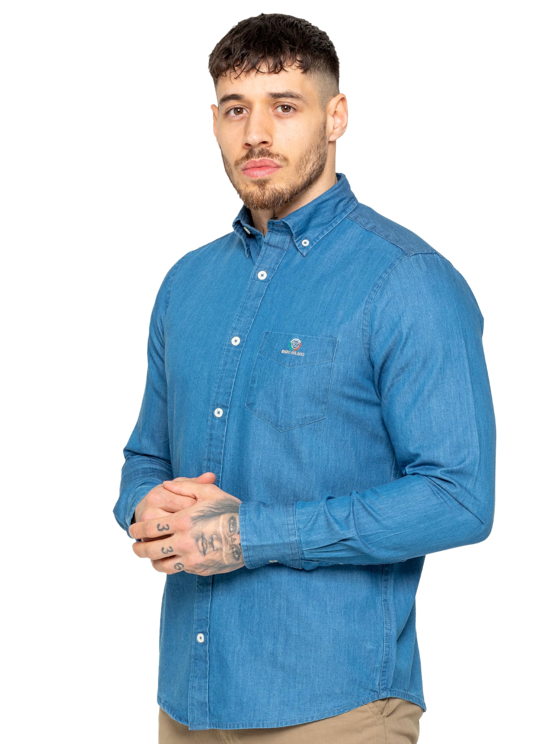 Enzo Men's Denim Shirt - Regular Fit - Blue - XL - Cotton