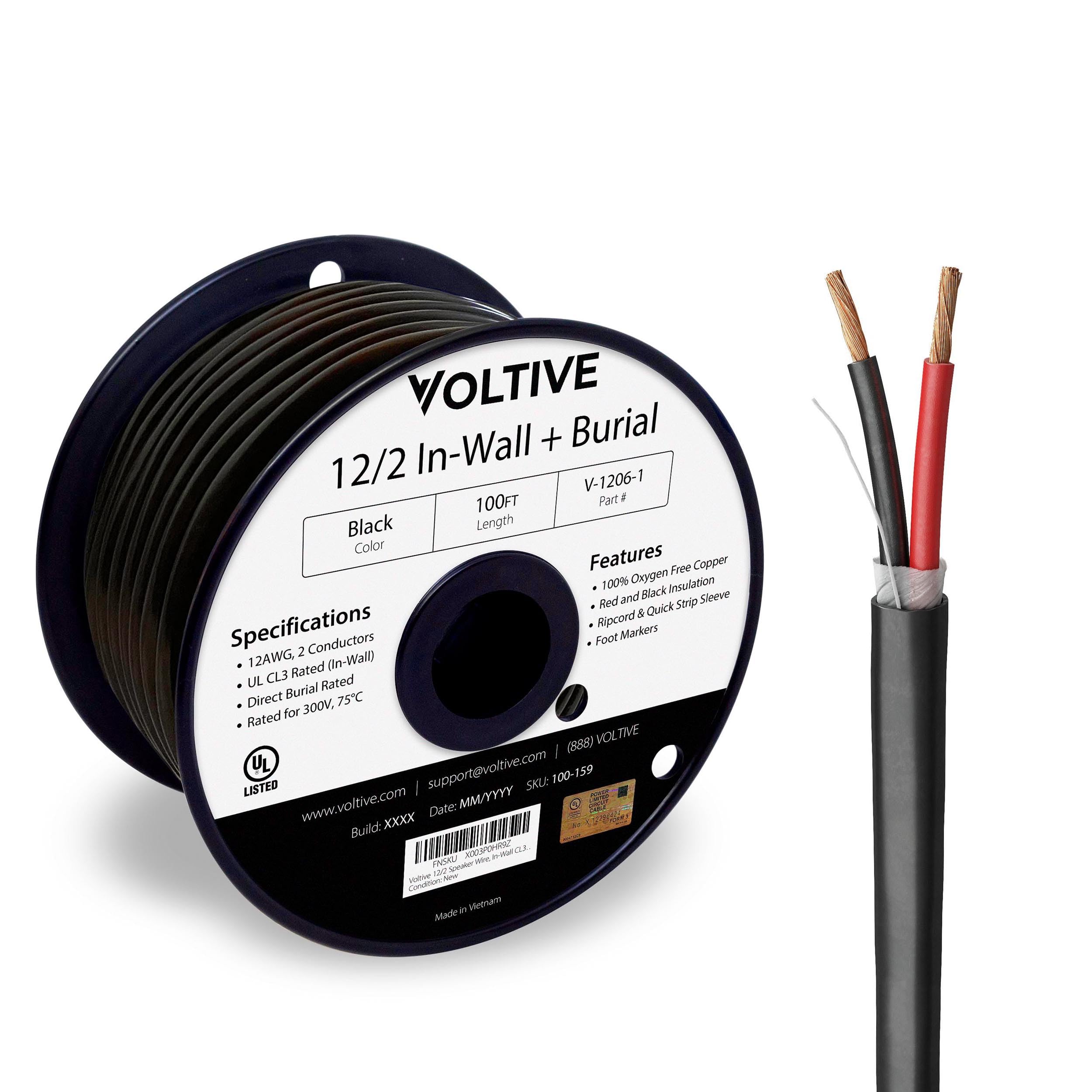 Voltive 12/2 Speaker Wire, in-Wall CL3 & Direct Burial, Black, 100ft - 12AWG, 2 Conductors, Stranded Oxygen-Free Copper, UL Listed - V-1206-1