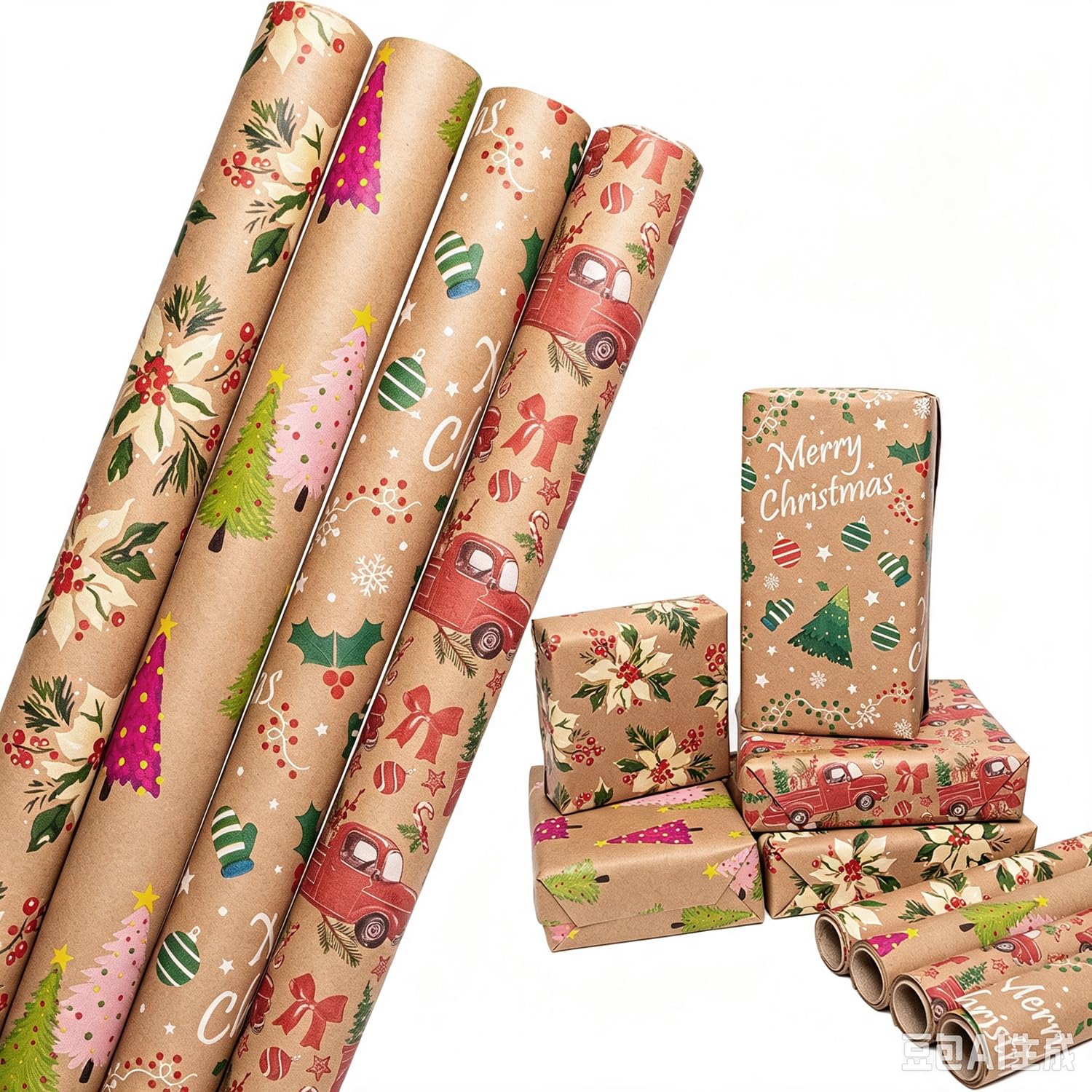 HBell Christmas Wrapping Paper Rolls,4 Roll 44cm*3m Kraft Xmas Wrap Paper