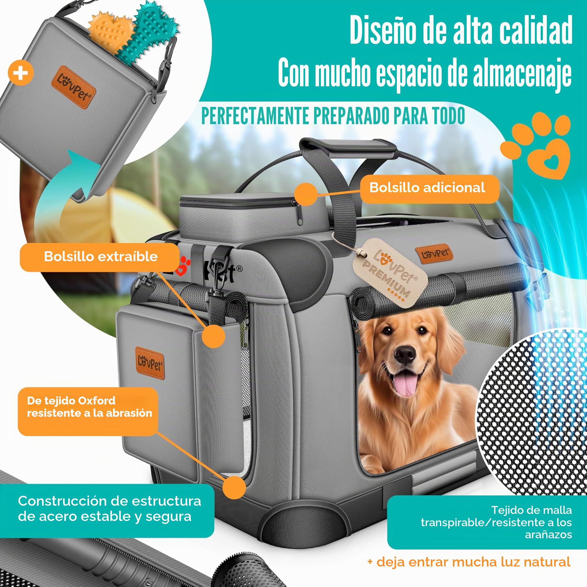 Lovpet® Transportín para perros, plegable, incluye cuenco para alimento, tamaño XXL 91,4 x 63,5 x 63,5 cm, caja de transporte para mascotas, perros y gatos, gris claro