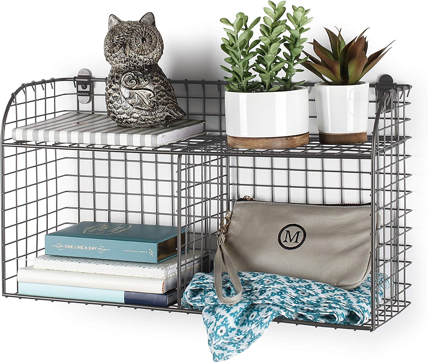 Spectrum 2 Bin Wall Mounted Wire Basket with Shelf Industrial Gray Organizer, Wall Mount Wire Basket Shelves for Kitchen Storage, Vintage Double Bin with Shelf Wall Mount Wire Storage for Organization image 2