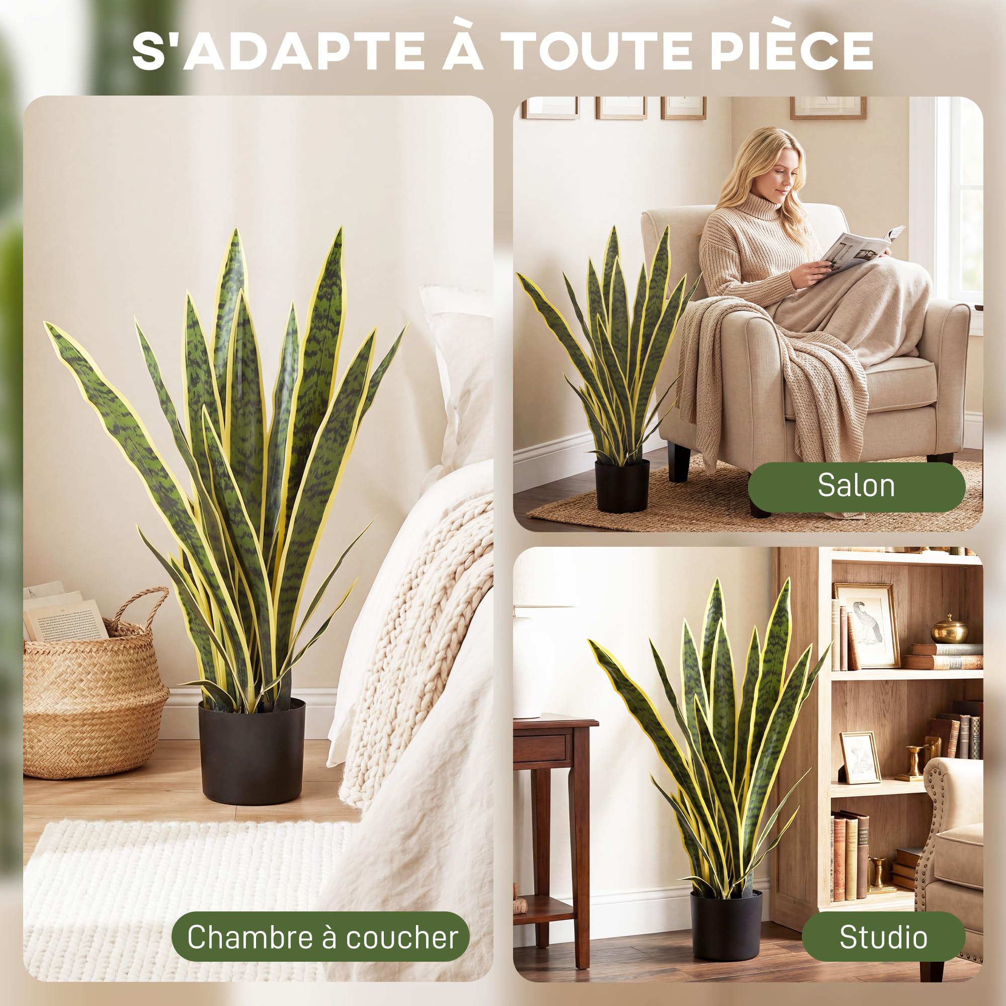 Outsunny Plante Artificielle Sansevieria 77 cm, 21 Feuilles Ajustables | Fausse Plante, Intérieur Extérieur, avec Pot, Facile à Nettoyer, pour Bureau Salon Chambre
