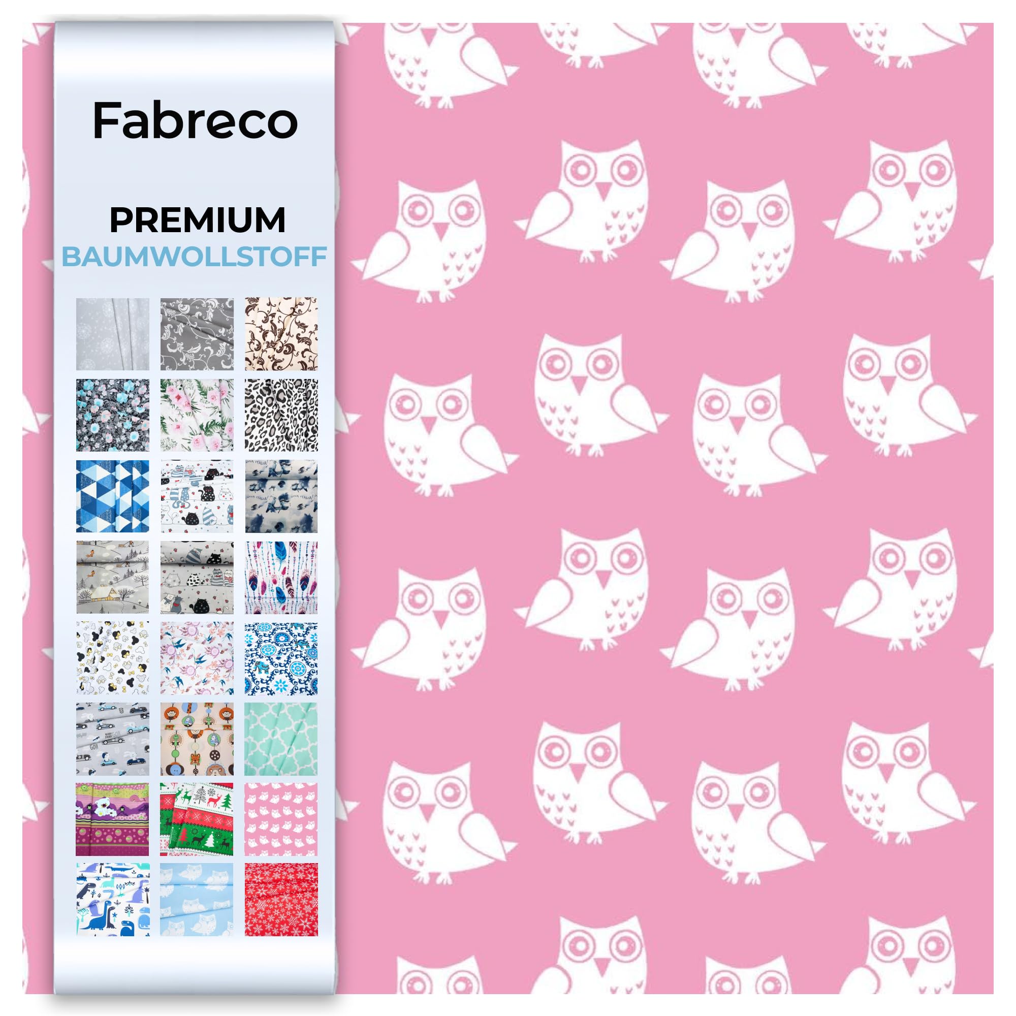 Fabreco - 100% Premium Baumwollstoff Meterware 200x160cm - Eule rosa | 220 g/lfm – Weich, langlebig & hautfreundlich | Stoffe Zum Nähen & Dekoration | Stoff Meterware - Fabric