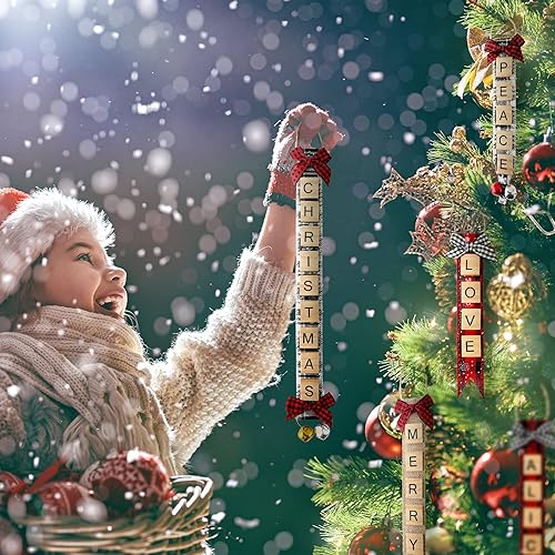 Miniatura 4 de DIY Letter Christmas Tree Decorations Letter Tiles Christmas Decor Wooden Words Christmas Ornament with Linen Bells Bow Hanging Capital Letter